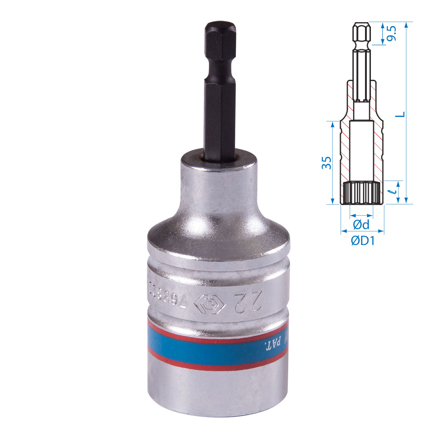 Головка для шуруповерта двенадцатигранная 1/4", 22 мм, L = 80 мм KING TONY 76B822M