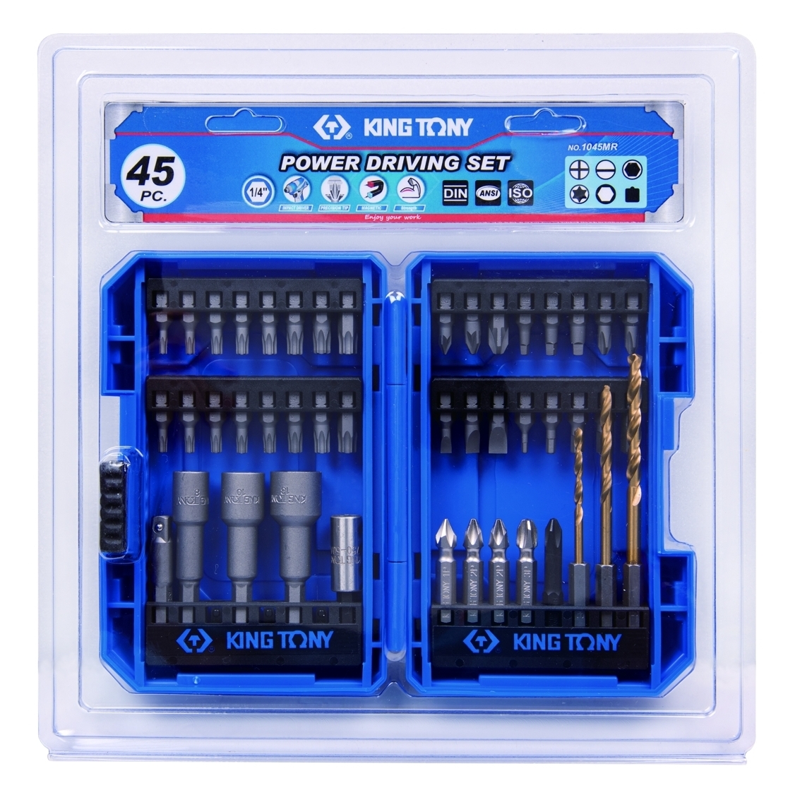 Набор вставок (бит) 1/4", PH, PZ, Hex, Torx, Slotted, Square, сверла, 45 предметов KING TONY 1045MR