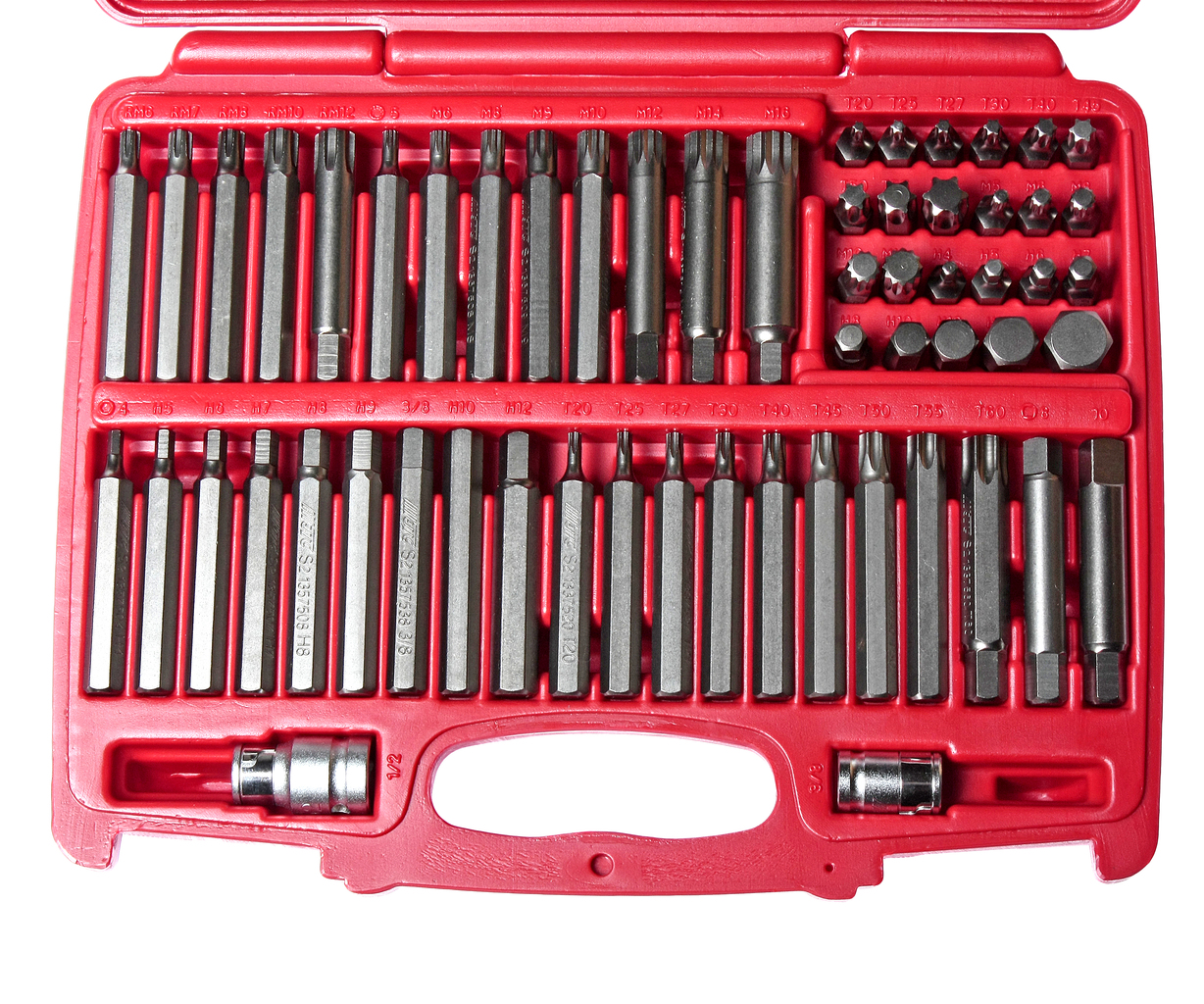 JTC Набор бит 1/2" 3/8" HEX, TORX, SPLINE, RIBE 6-ти гранных 2 держателя 58 предметов в кейсе JTC