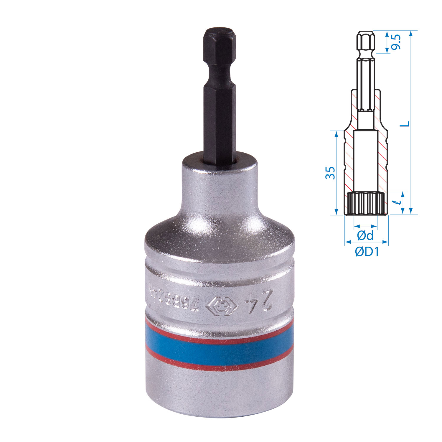 Головка для шуруповерта двенадцатигранная 1/4", 24 мм, L = 80 мм KING TONY 76B824M