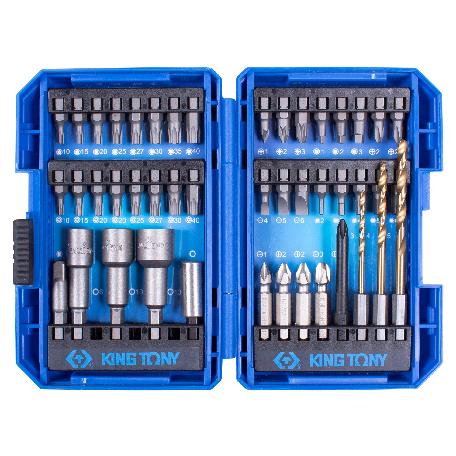 Набор вставок (бит) 1/4", PH, PZ, Hex, Torx, Slotted, Square, сверла, 45 предметов KING TONY 1045MR